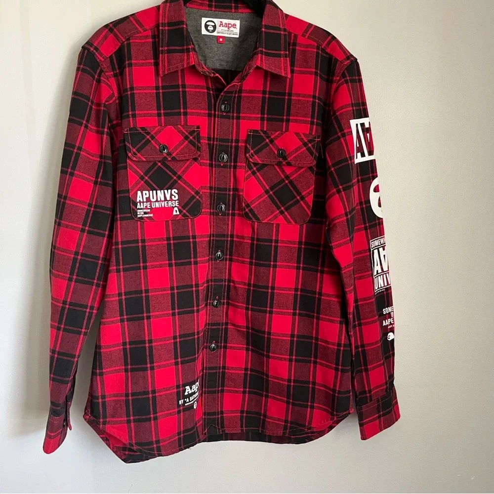 Aape A Bathing Ape Flannel Black And Red Button Down Thermal Fleece Men's Size M - Picture 10 of 10